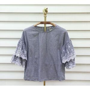 Vintage 90s New Direction Blue Gingham Eyelet Bell Sleeve Blouse